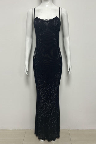 Sequin Lace Corset Long Dress – Spaghetti Strap Evening Gown