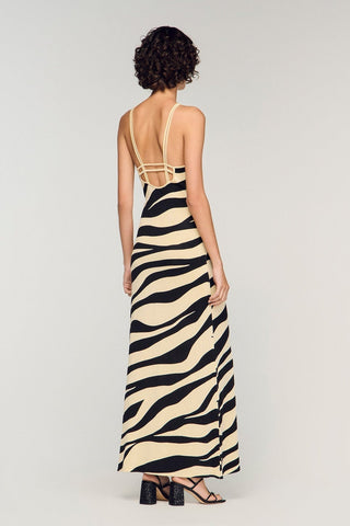 Sleeveless Zebra Print Knit Long Dress with Double Shoulder Straps