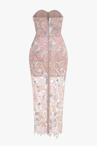 Strapless Embroidered Lace Long Dress – Sleeveless, Structured Bodice, Floral Lace Finish