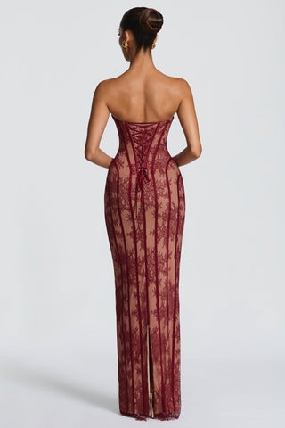 Sheer Lace Corset Strapless Long Dress with Lace-Up Back