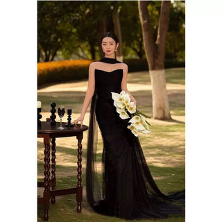 Strapless Ruched Tulle Mermaid Maxi Dress with Sheer Scarf