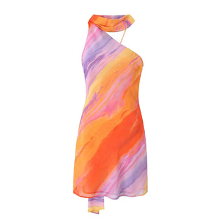 Marble Print One Shoulder Backless Chiffon Mini Dress