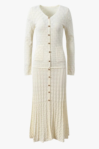 Textured Knit Button-Front Long Dress with V-Neck and Long Sleeves