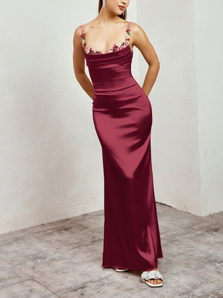 Floral Strap Satin Long Dress with Sleeveless Cowl Neck Design
