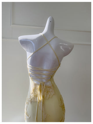 Petal Embellished Mesh Halter Column Dress with Slim Straps