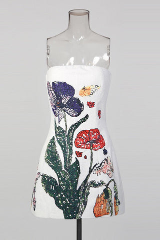 Floral Strapless A-Line Mini Dress with Statement Flower Design