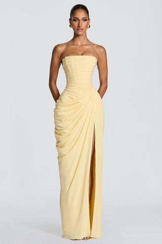 Strapless Ruched Long Dress with Lace-Up Back & High Slit