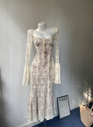 Romantic Lace Corset Midi Dress with Sheer Long Bell Sleeves