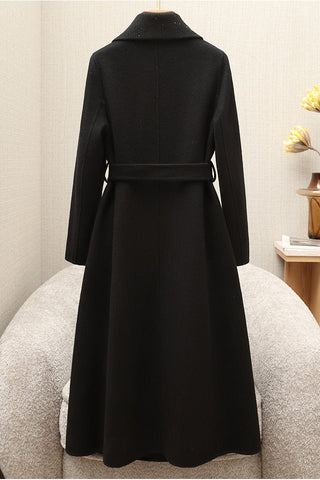 Soft Wool Blend Belted Wrap Long Coat with Wide Collar