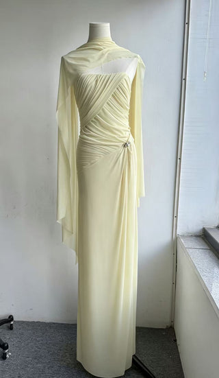 Soft Mesh Draped Strapless Long Dress with Sheer Scarf