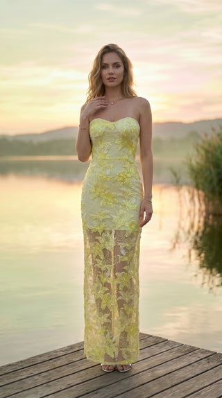 Elegant Strapless Floral Lace Embroidered Long Dress with Sequin Detail