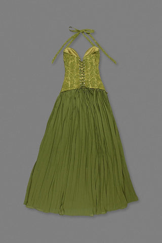 Lace Corset Halter Neck Pleated Long Dress with Lace-Up Back