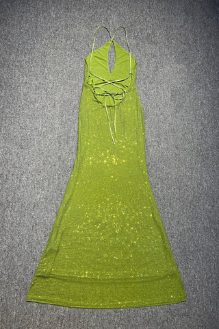 Sparkly Halter Long Dress with Open Back, Bodycon Fit & Rhinestone Details