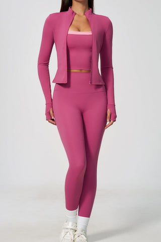 Zip-Up Active Jacket, Bandeau Top & High-Waist Leggings Set