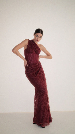 One-Shoulder Lace Long Dress with Sculpted Corset Fit