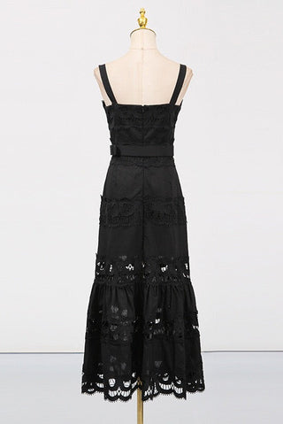 Statement Lace Cutwork Belted Tiered Long Dress