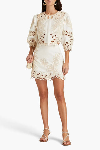 Leaf Embroidered Top & Mini Skirt Set – Scalloped Hem, Puff Sleeves & Matching Skirt