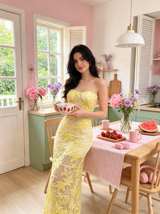 Elegant Strapless Floral Lace Embroidered Long Dress with Sequin Detail