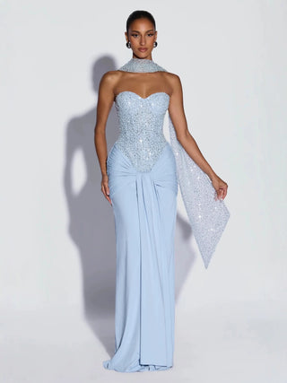 Sequin Corset Strapless Sweetheart Scarf Ruched Draped Long Dress