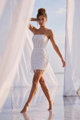 Strapless Beaded Corset Mini Dress with Crystal Fringe Detail