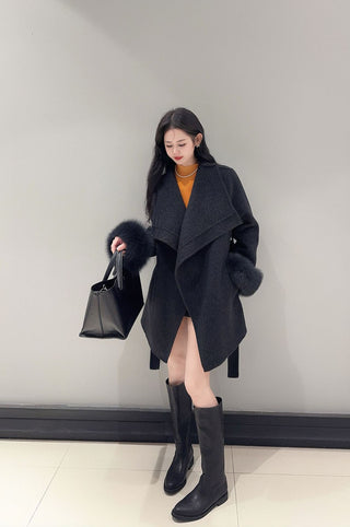 Wrap Belted Wool-Blend Jacket with Fur Cuffs