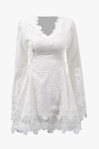 Lace Long Sleeve Mini Dress – V-Neck with Floral Detail & Adjustable Side Fit
