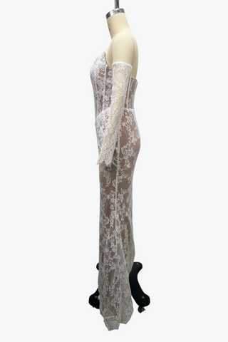 Floral Lace Corset Off-Shoulder Long Dress with Sheer Lace Sleeves