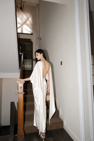 Satin Cape Sleeve Open Back Long Dress