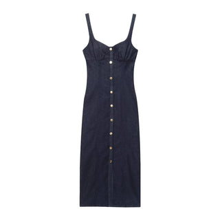 Indigo Denim Body-Sculpt Dress – Sleeveless, Button-Front Design