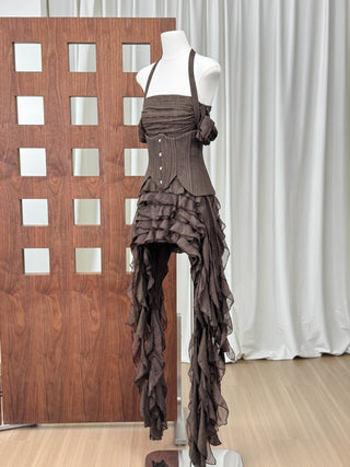 Corset Halter Asymmetric Ruffle Long Dress with Lace-Up Back