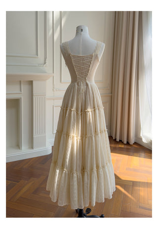 Embroidered Lace Corset Sleeveless Long Dress with Tiered Skirt