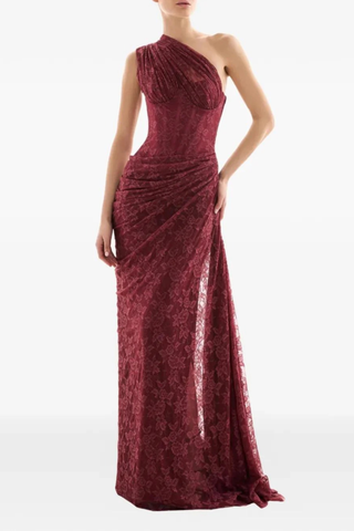 One-Shoulder Lace Long Dress with Sculpted Corset Fit