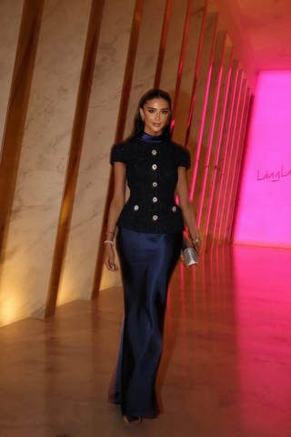 Short Sleeve Tweed Top and Satin Maxi Skirt Set