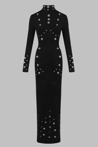High Neck Long Sleeve Long Dress with Metal Stud Embellishments