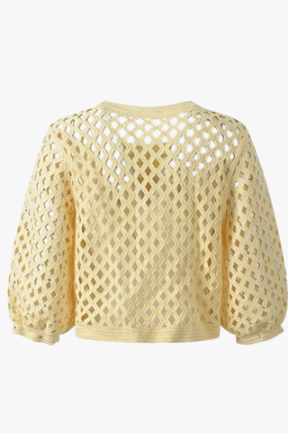 Embellished Open-Knit Cropped Cardigan with Elbow-Length Balloon Sleeves