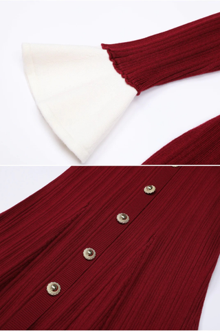 Long Sleeve Ribbed Knit Button-Down Midi Dress with Belt and Contrast Cuffs