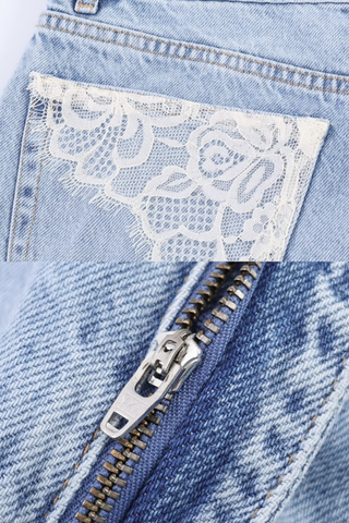 High-Waisted Straight Leg Distressed Jeans with Lace Detail