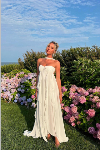 Strapless Ruffle Chiffon Long Dress with Rhinestone Starfish Brooch Backless, Layered Flowing Skirt