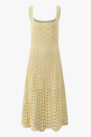 Crochet Knit Midi Dress with Crystal Embellishments & Sleeveless Square Neck Design
