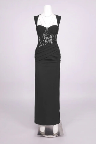 Lace Corset Draped Bodycon Long Dress with Cap Sleeves