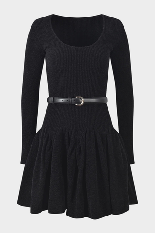 Knitted Long Sleeve Flared Dress with Belt – Soft Winter Knit Mini Dress