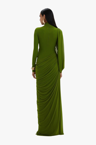 Elegant Long Mesh Dress with Long Sleeves & Sculpted Draped Design