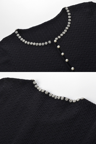 Pearl Trim Ribbed Knit Cardigan with Short Sleeves and Button Front Design