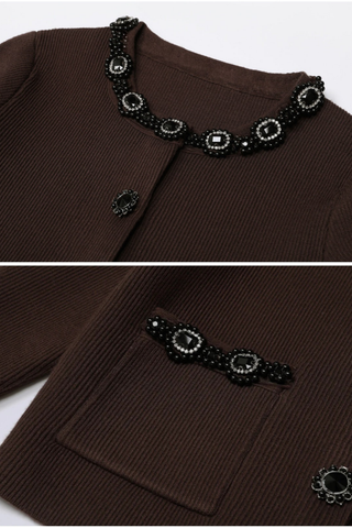 Embellished Pearl and Rhinestone Knit Cardigan with Matching Flared Midi Skirt Set