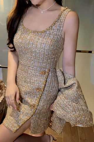 Tweed Luxe Pearl Button Mini Dress – Rose &  Gold Edition
