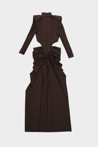 Long Sleeve High-Neck Stretch Long Dress – Side Cut-Out Ruched Design