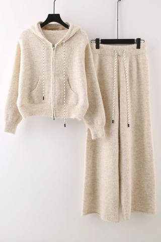 Cozy Fuzzy Knit Hoodie & Wide-Leg Pants Set - Soft Two-Piece Loungewear