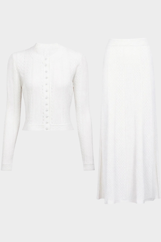 Two-Piece Textured Knit Set – Pearl-Button Cardigan & Flared Maxi Skirt