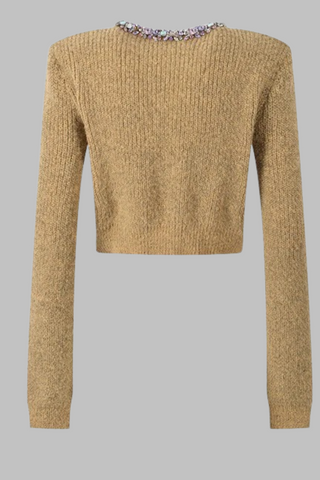 Short Knit Cardigan with Jewel-Embellished Round Neck and Buttons