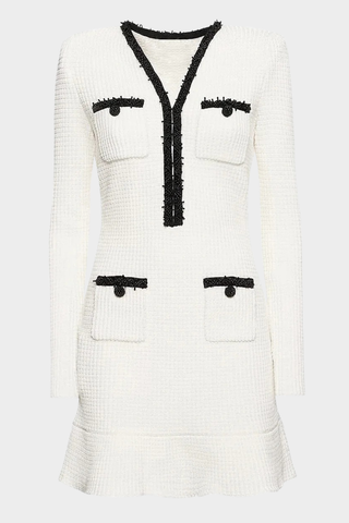 V-Neck Tweed Mini Dress with Front Pockets & Accents